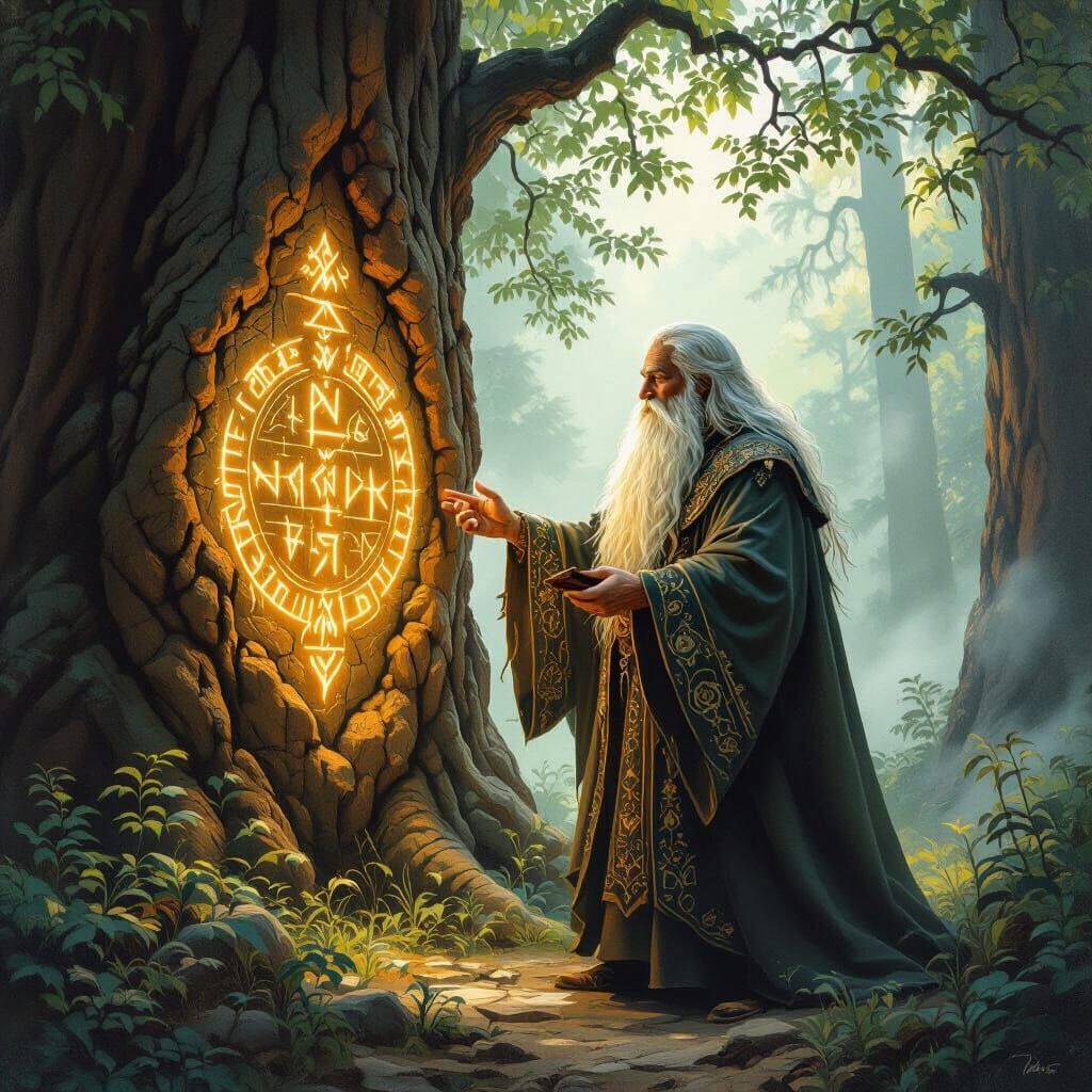 Wise Wizard Studying Runes in Forest, Oil Painting Style