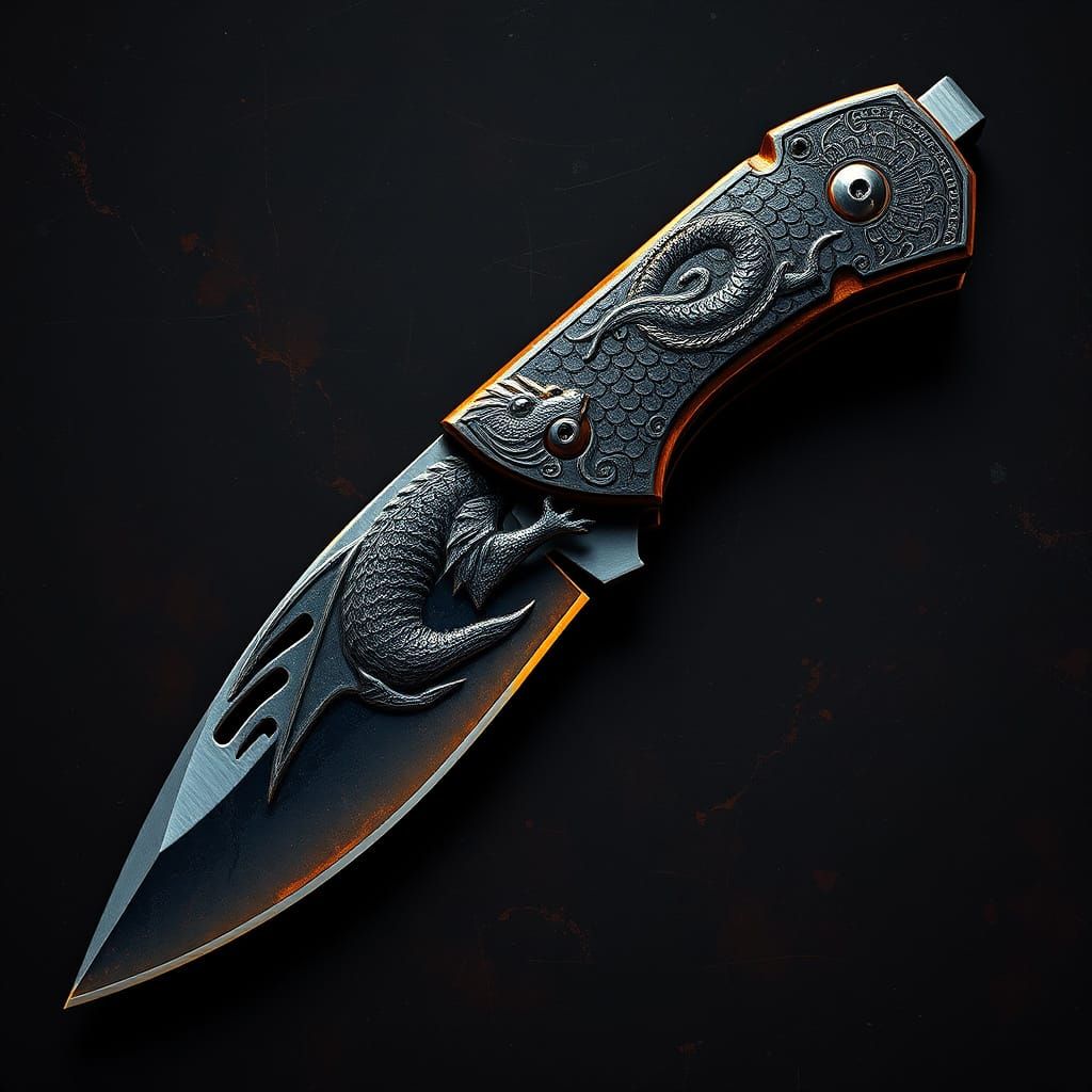 Mystical Dragon Pocket Knife Art in Ancient, Dark Fantasy St...