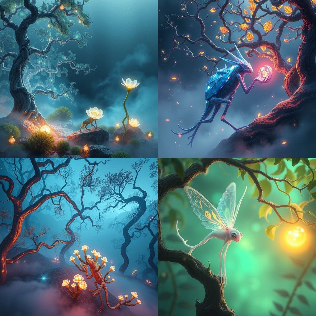 Ethereal Planet Forest Scene in Vibrant, Iridescent Colors