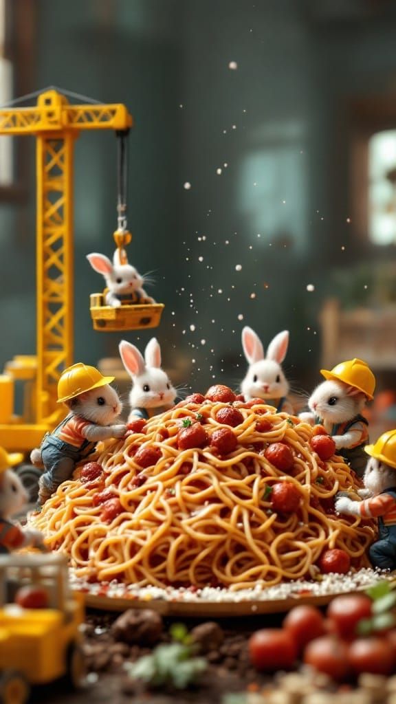 Tiny Builder Bunnies Prepare Giant Spaghetti Feast on Constr...