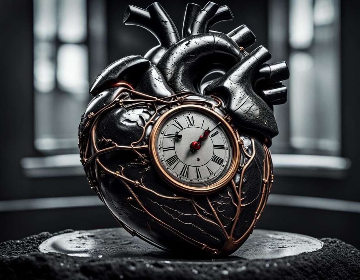 Hyperrealistic Heart Clock on Volcanic Stone