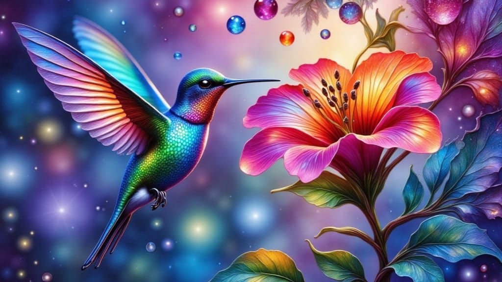 Iridescent Hummingbird Drinks Nectar from Trumpet Vine