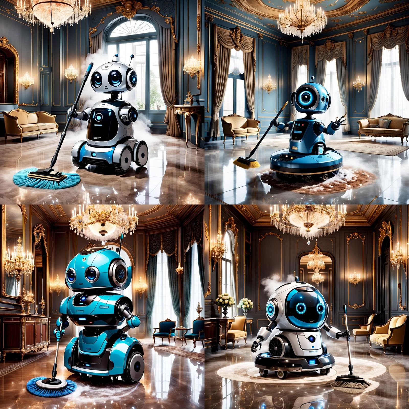Cute Cleaning Robot Sweeping Mansion, 3D Digital Art