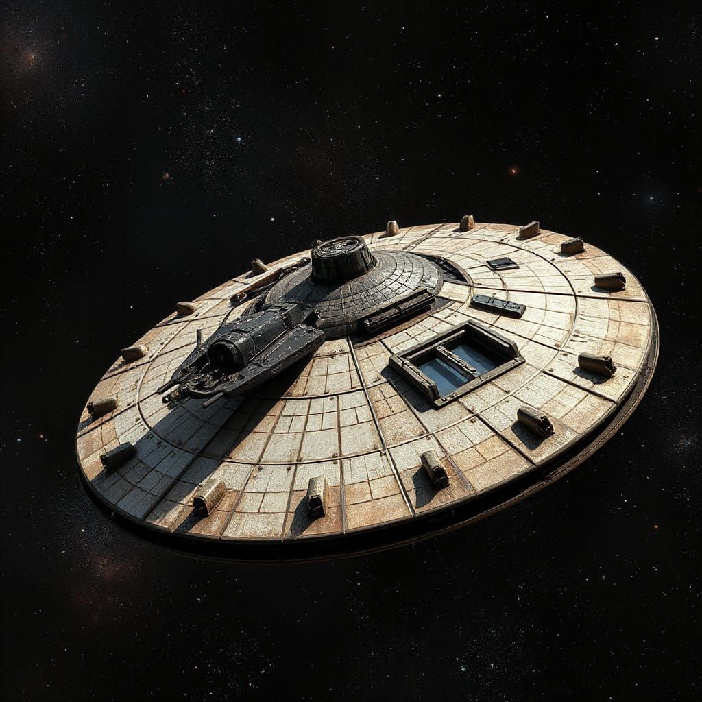 Saucer Space Fortress with Shuttle in Galactic Scene