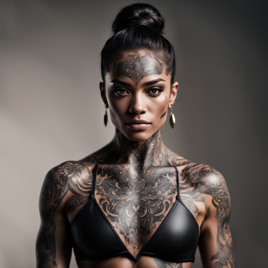 Hyper-Realistic Portrait of a Lioness-Inspired Tattooed Woma...