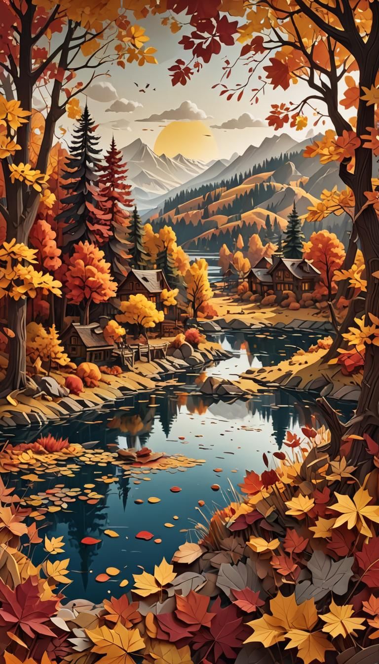 Autumn Lakeside Landscape in Layered Paper Art