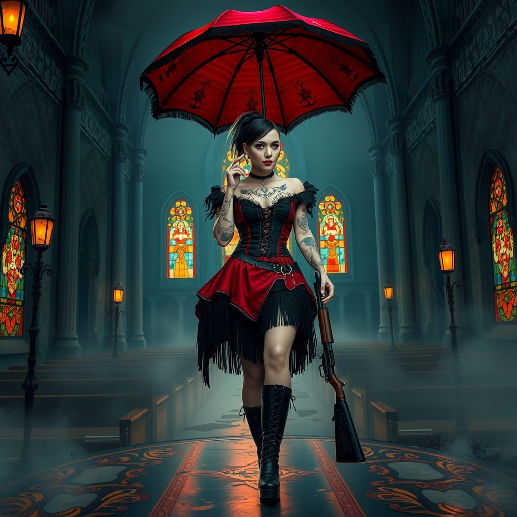 Gothic Woman Wields Shotgun Under Victorian Church's Broken ...