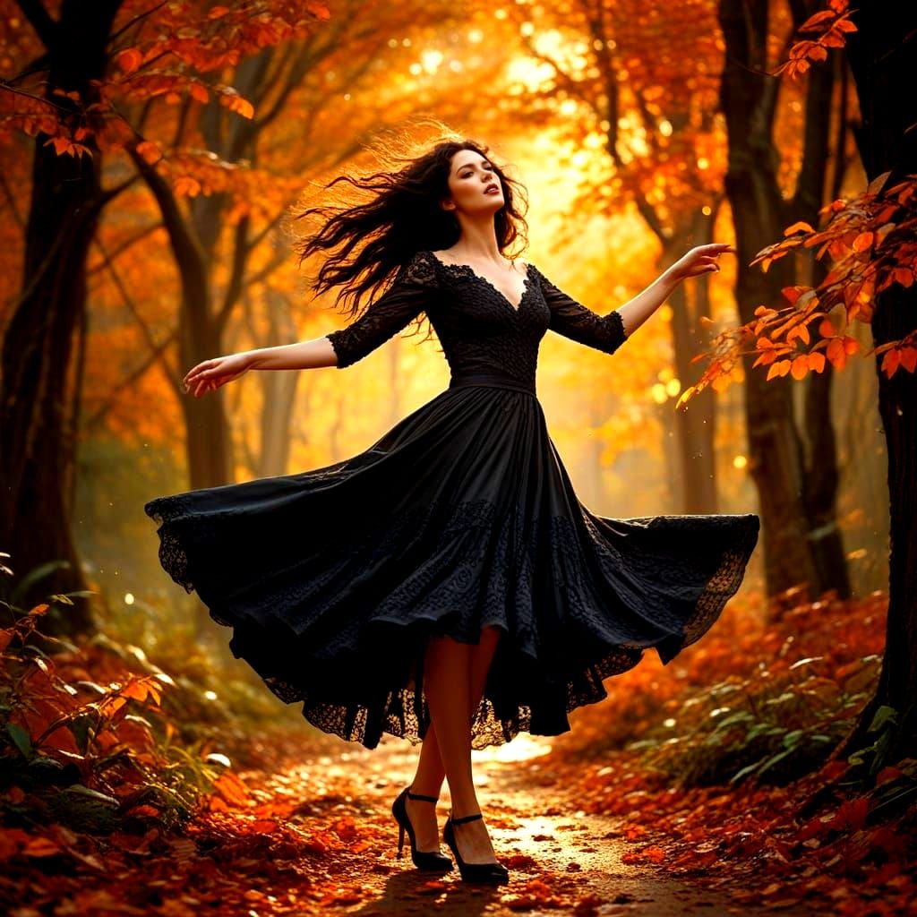 Gothic Woman Dances in Autumn Rain