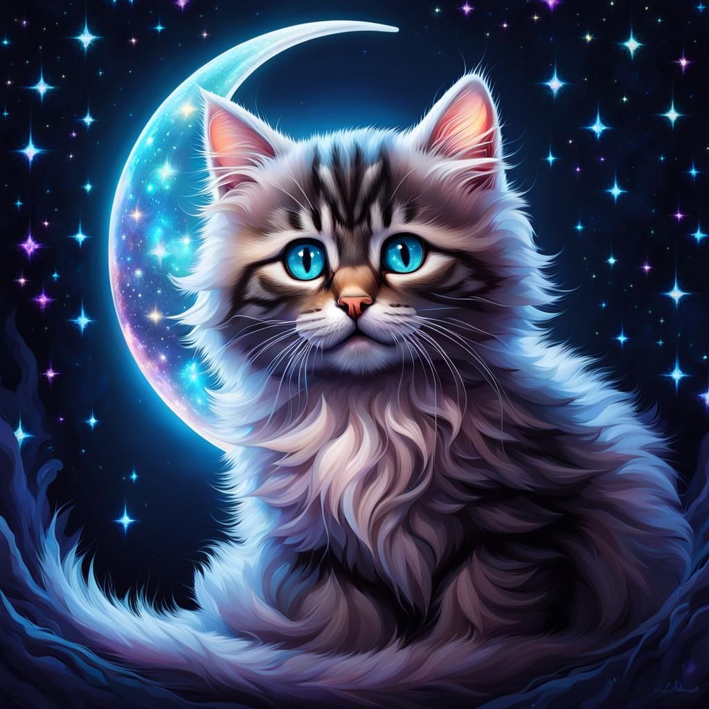 Fluffy Kitten Smoking Inside Iridescent Crescent Moon