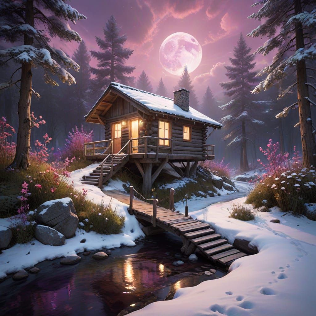 Winter Cabin in Snow-Kissed Forest