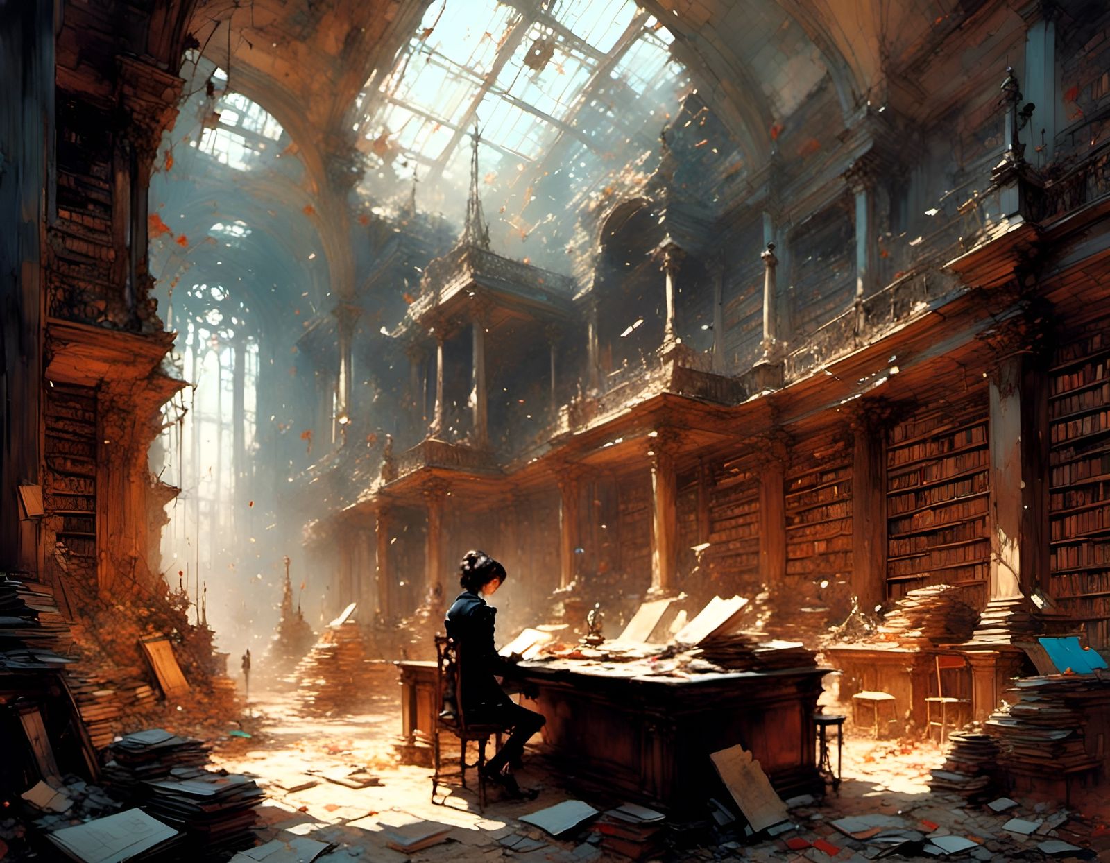 Epic Library Amidst Ancient Ruins in Watercolor Style