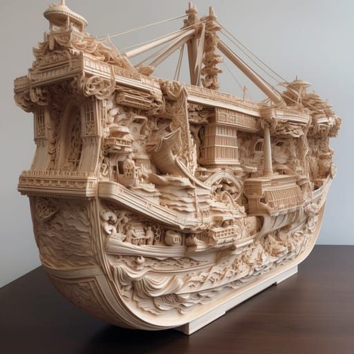 Detailed Wood Carving of a Ship