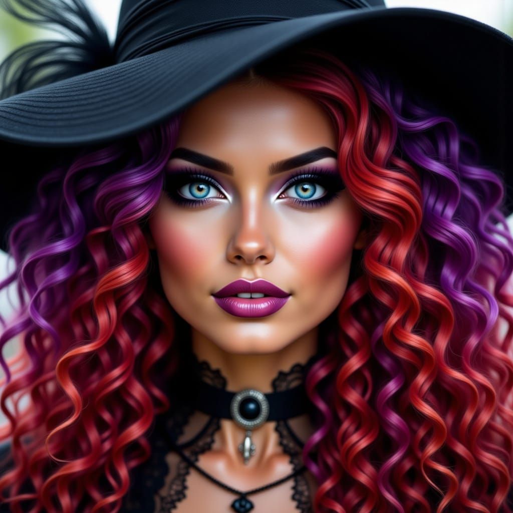 Halloween Witch With Vibrant Curly Hair and Black Cat