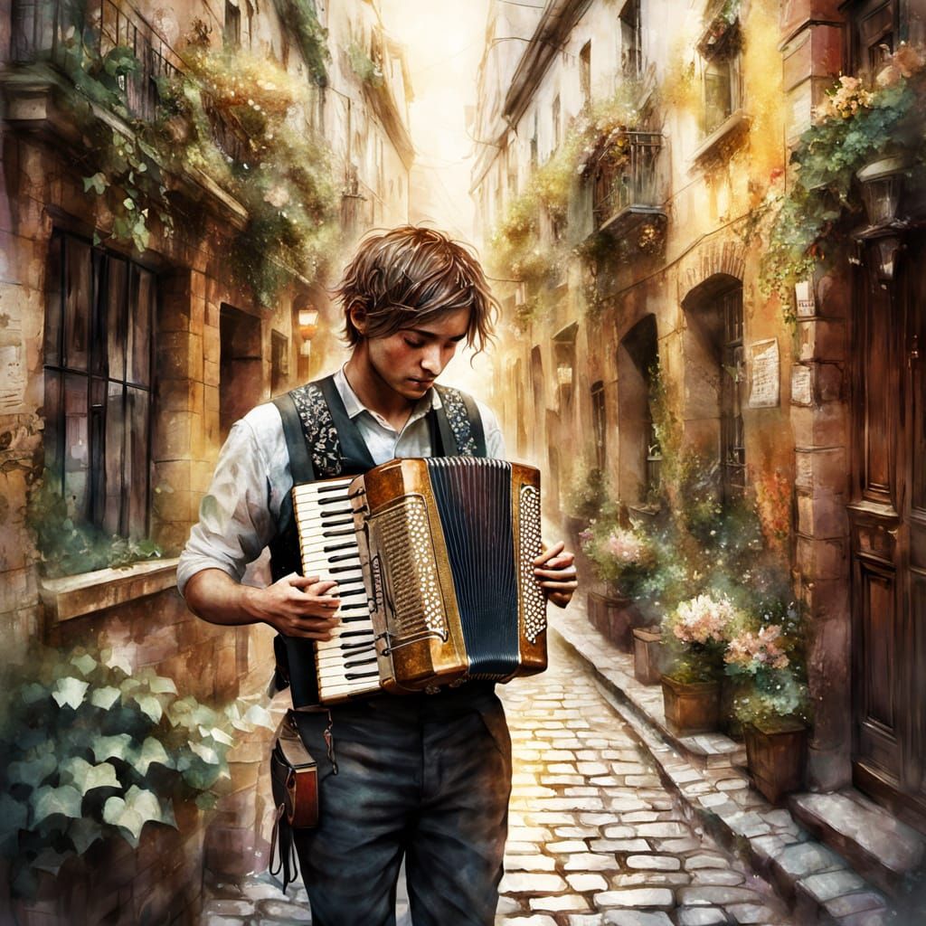 Cobblestone Alley Accordion Player in Whimsical Style