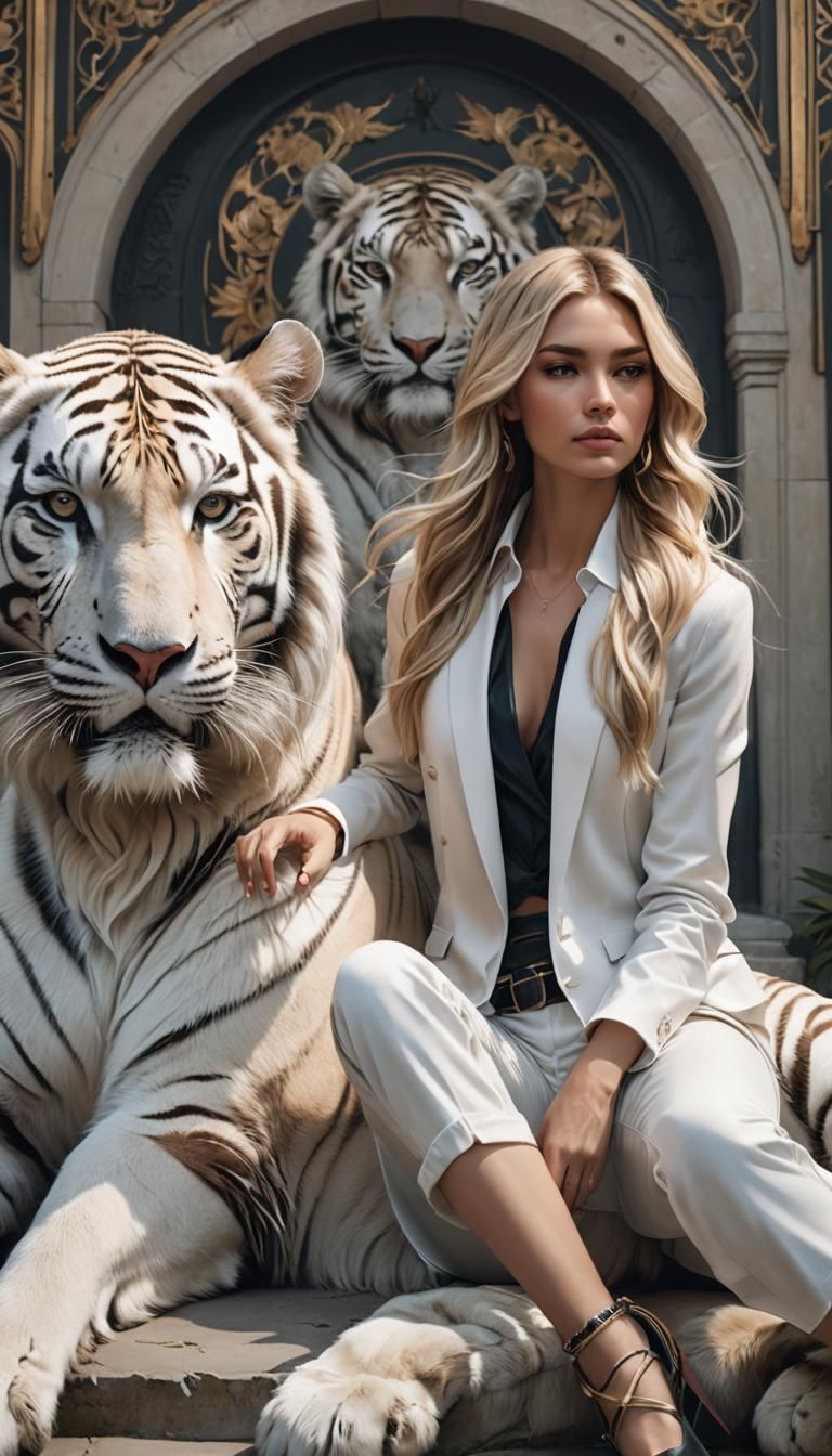 Fashion Editorial: Model with White Tiger, Hyperdetailed Art
