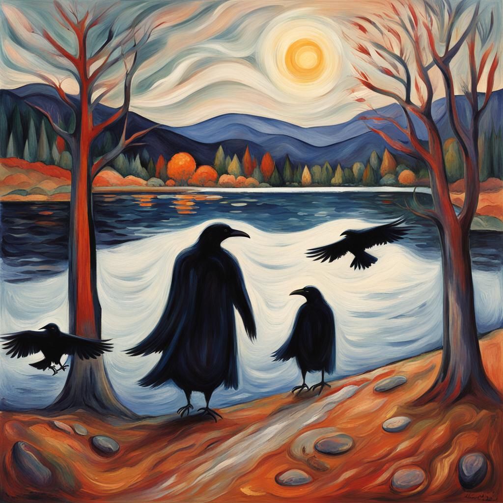 Edvard Munch Style: Walk by the lake with Hugin and Munin, the two ravens of Odin II