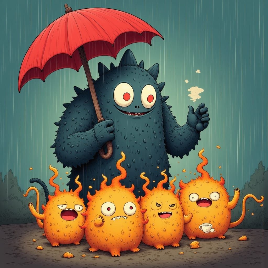 Giant Monster Shelters Fire Elementals From Rain