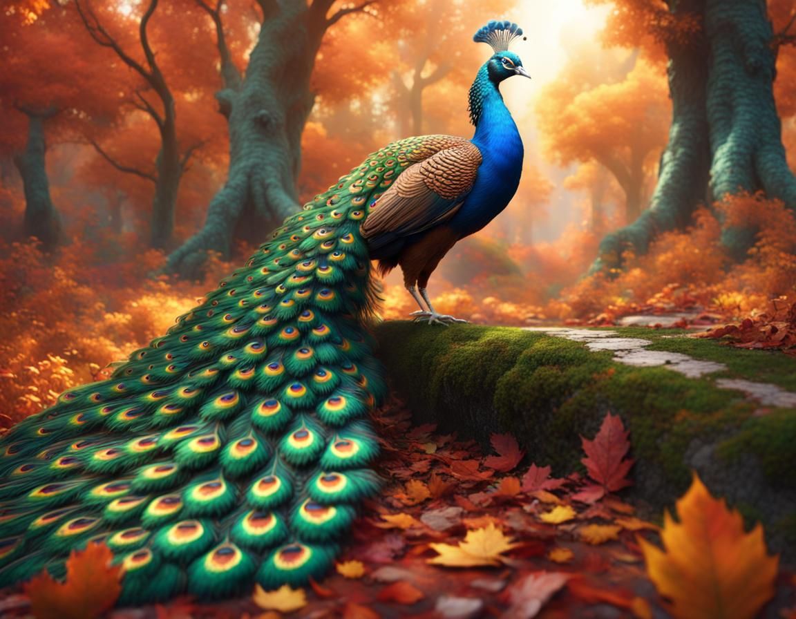 Colorful Peacocks in Ethereal Autumn Forest