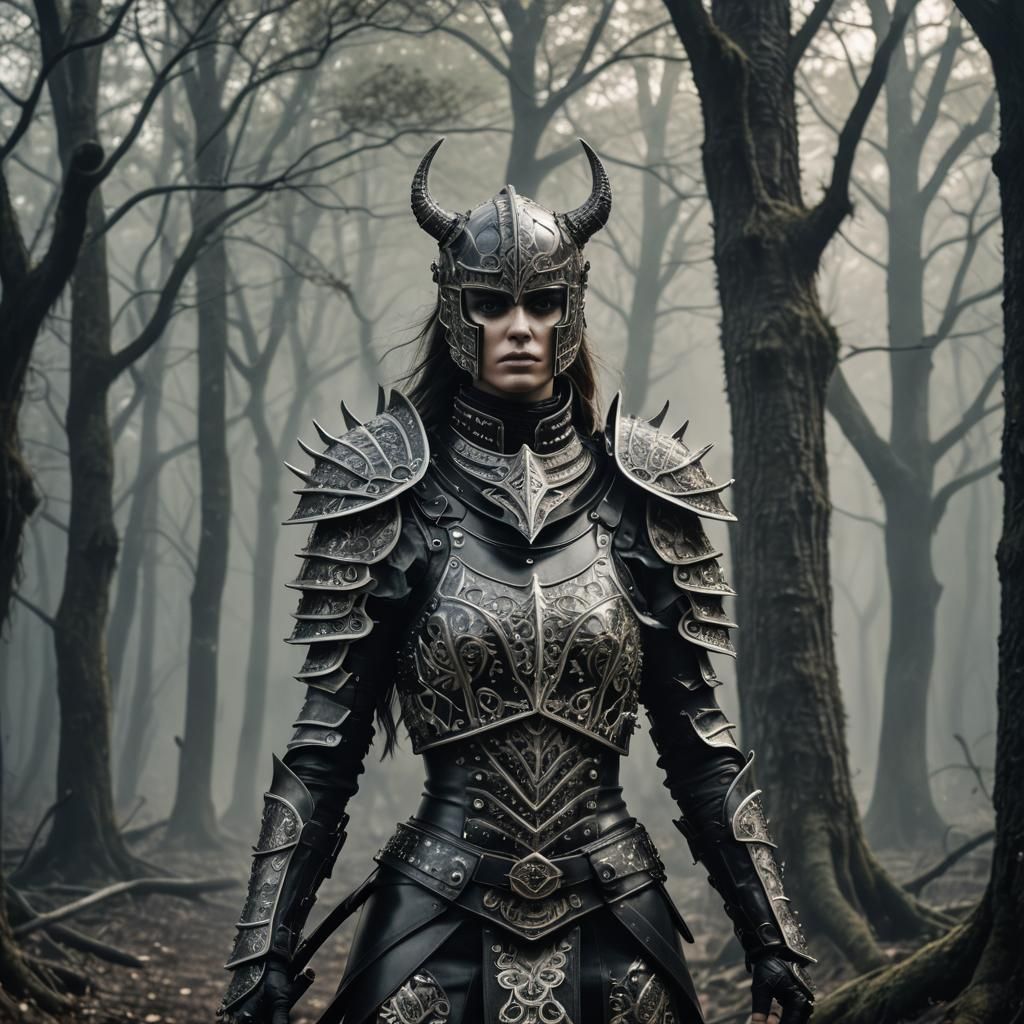 Female Warrior in Gothic Armor in Eerie Forest