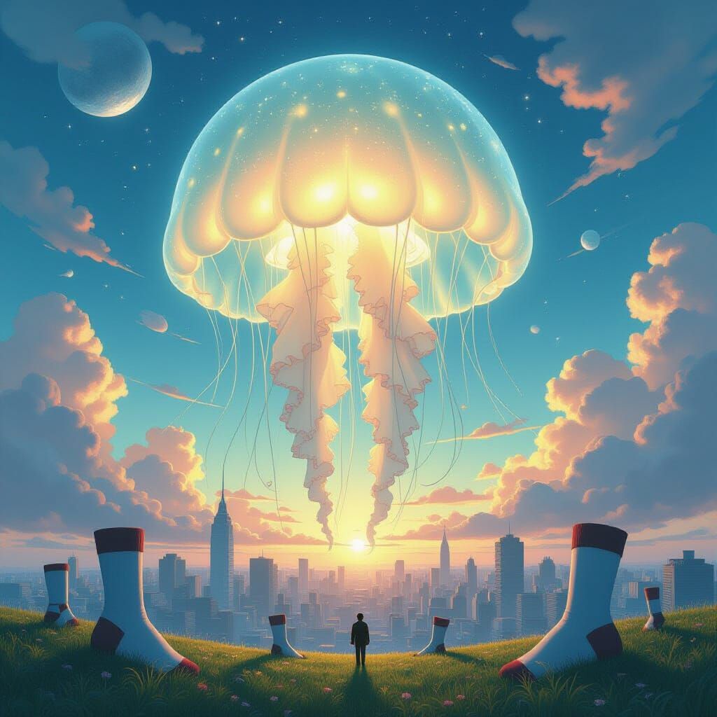 Giant Jellyfish Over Sock Metropolis: Surreal Dreamscape