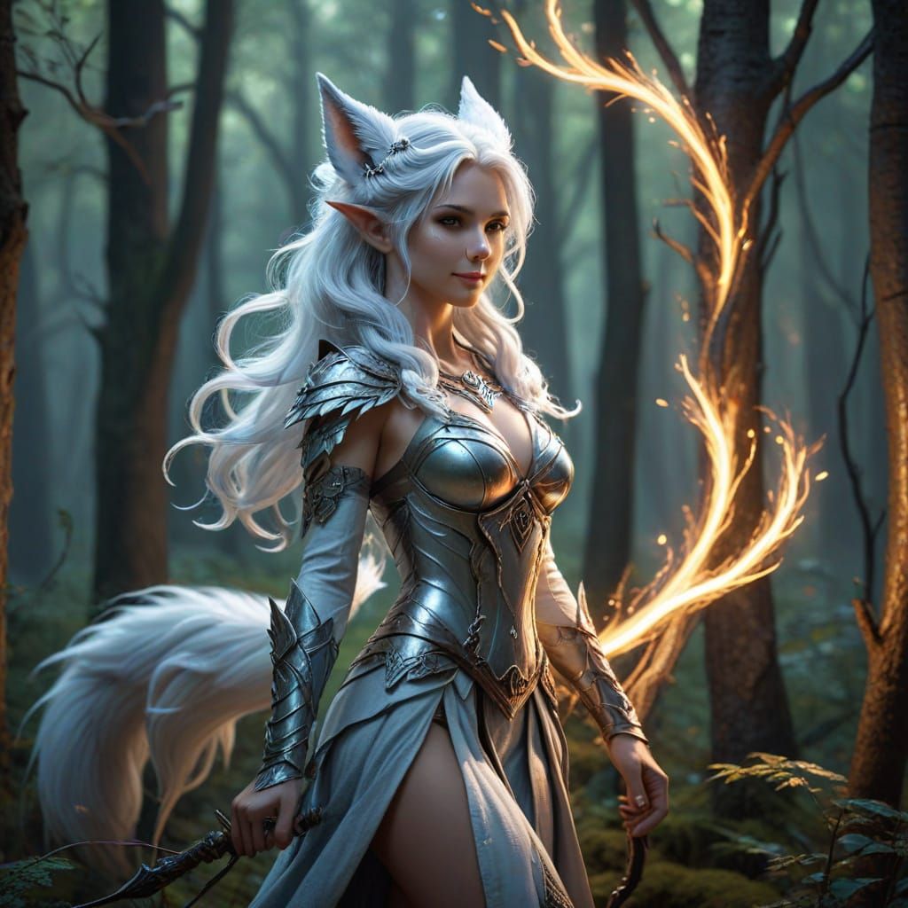 Elf Archer with Fox Spirit in Glowing Forest