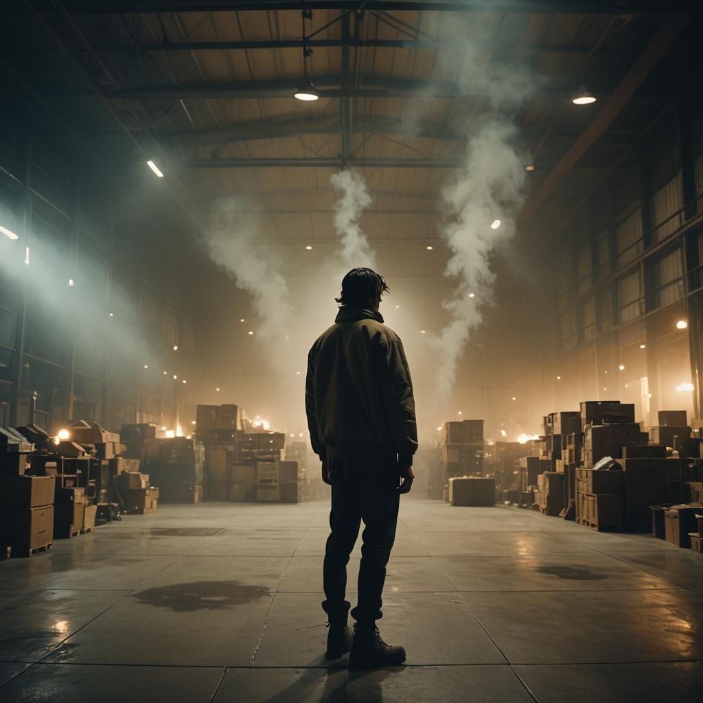 Travis Scott in Dimly Lit Warehouse, Cinematic Lighting