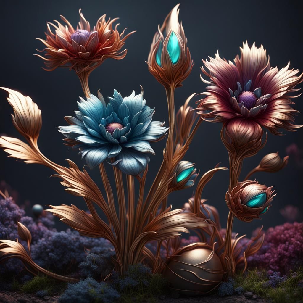 Fantastical Palladium Metal Flowers in Detailed Matte Painti...