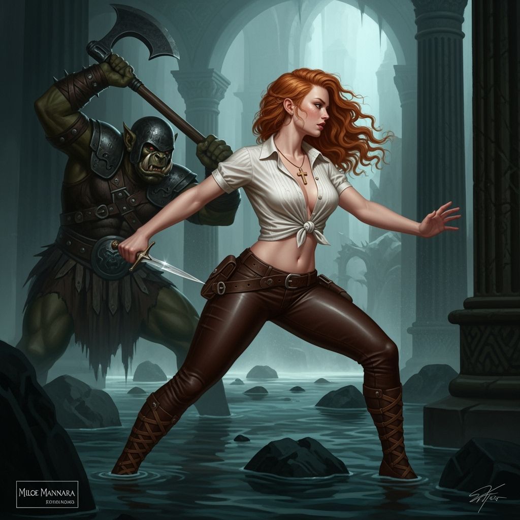 Ginger Warrior in Forsaken Temple, in Comic Book Style