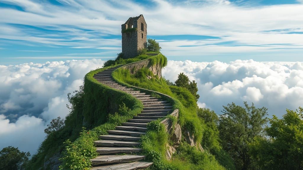 Ancient Fantasy Tower in Clouds, Fantasy Photography