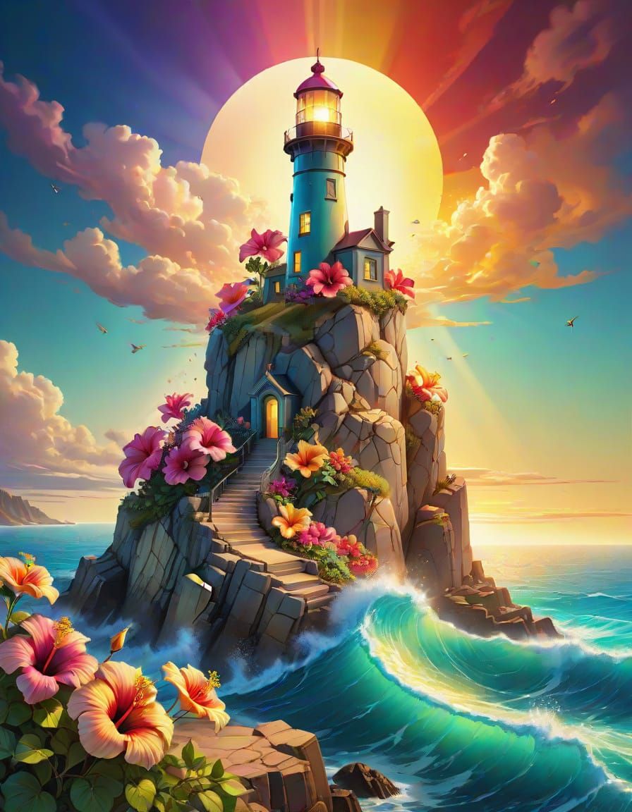 Crystal Lighthouse with Hibiscus in Art Nouveau Style