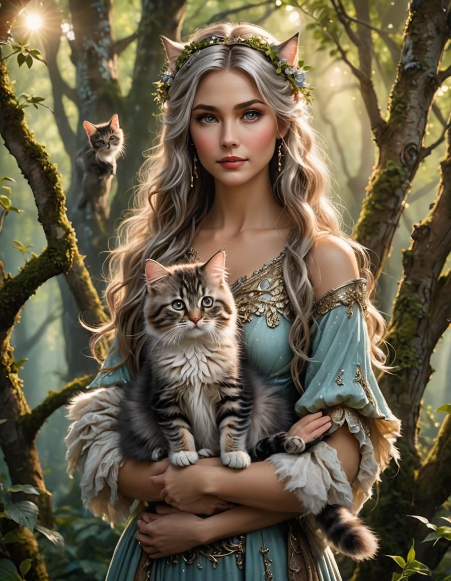 Fairy with Kitten in Magical Birch Wood