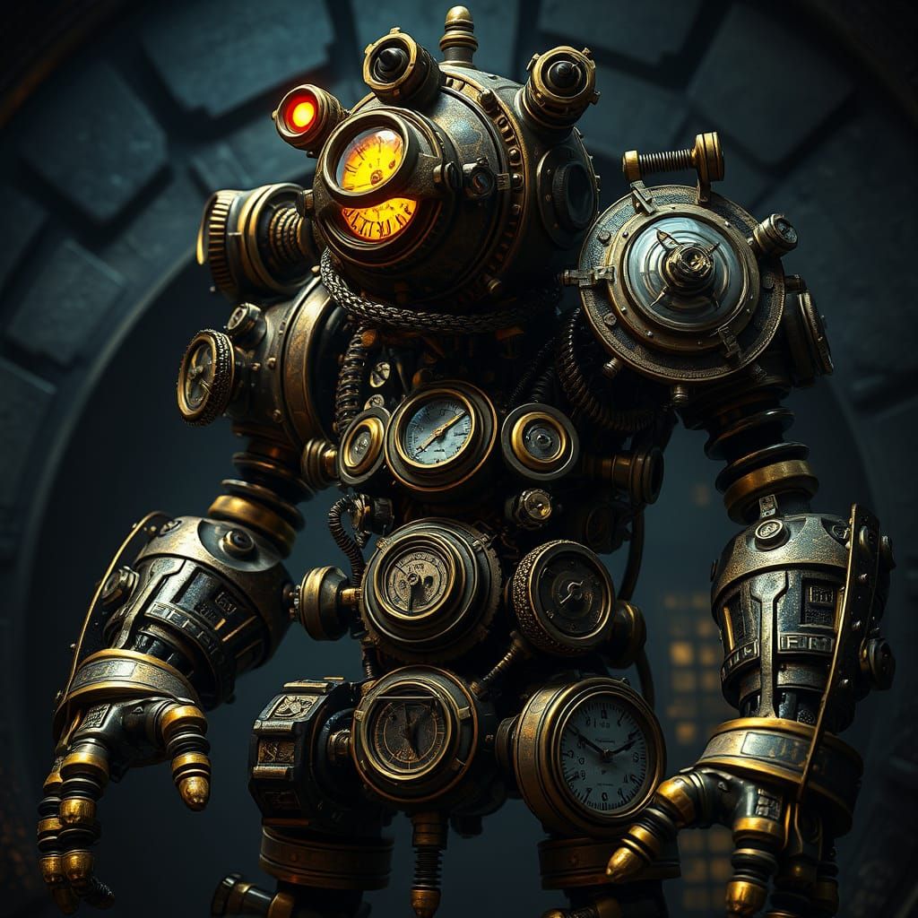 Steampunk Golem Guarding Vault: Brass and Clockwork Marvel