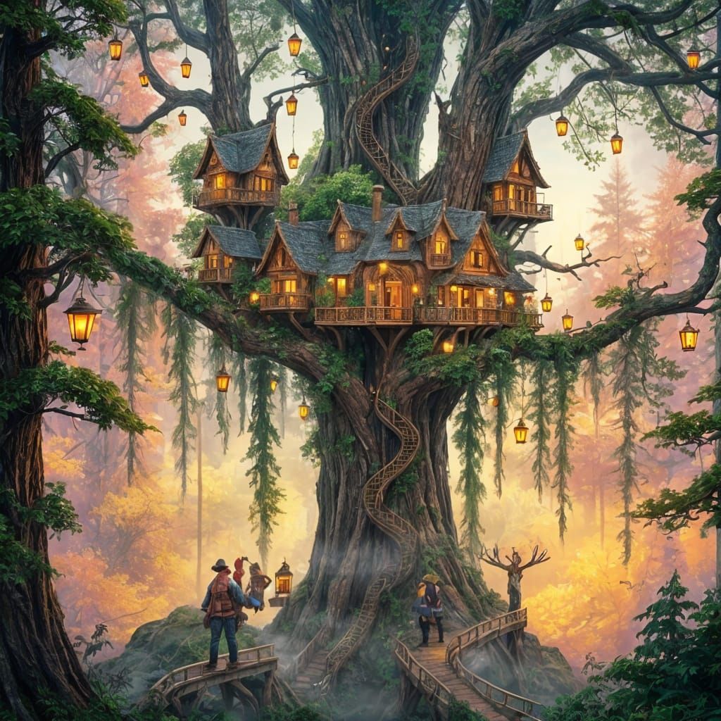 Enchanting Treehouse Village in Ghibli-esque Fantasy Style