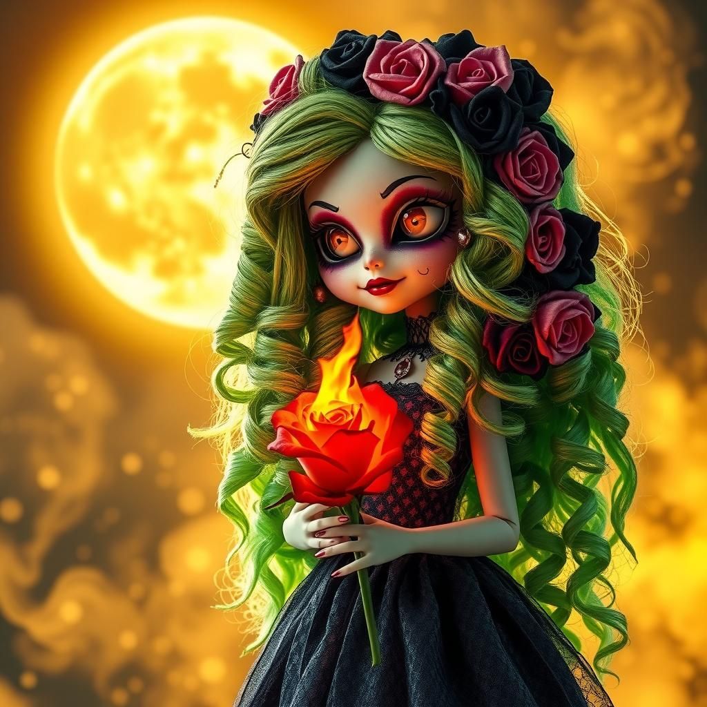 Haunted Doll with Fiery Rose in Fantasy Art