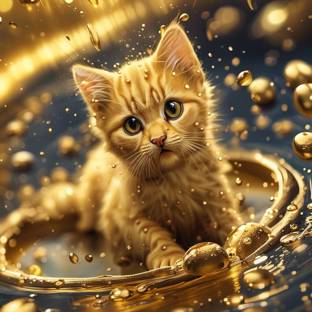 Golden Kitten Dripping Liquid Gold: Hyperrealistic Digital A...