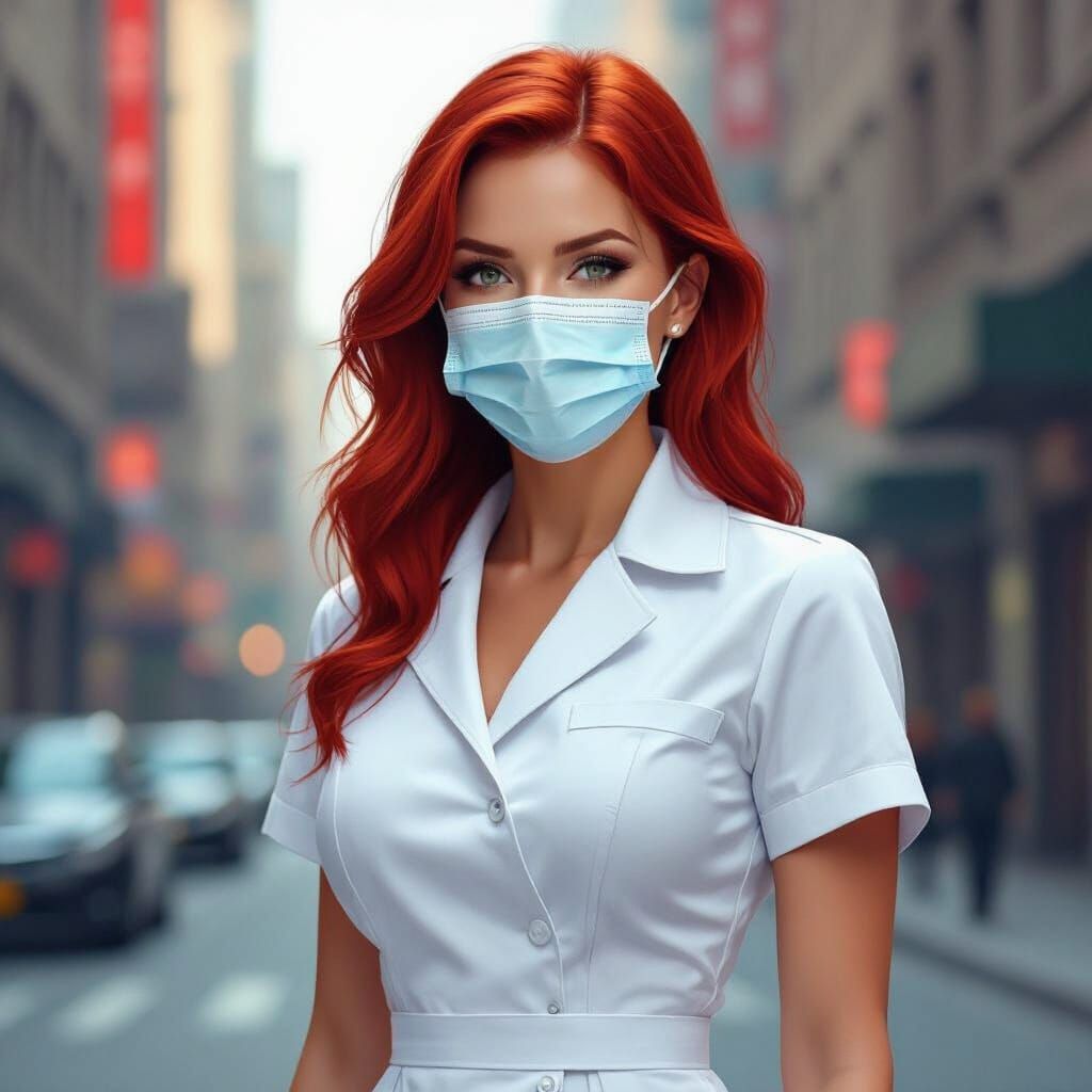 Futuristic Policewoman as Nurse in Cityscape