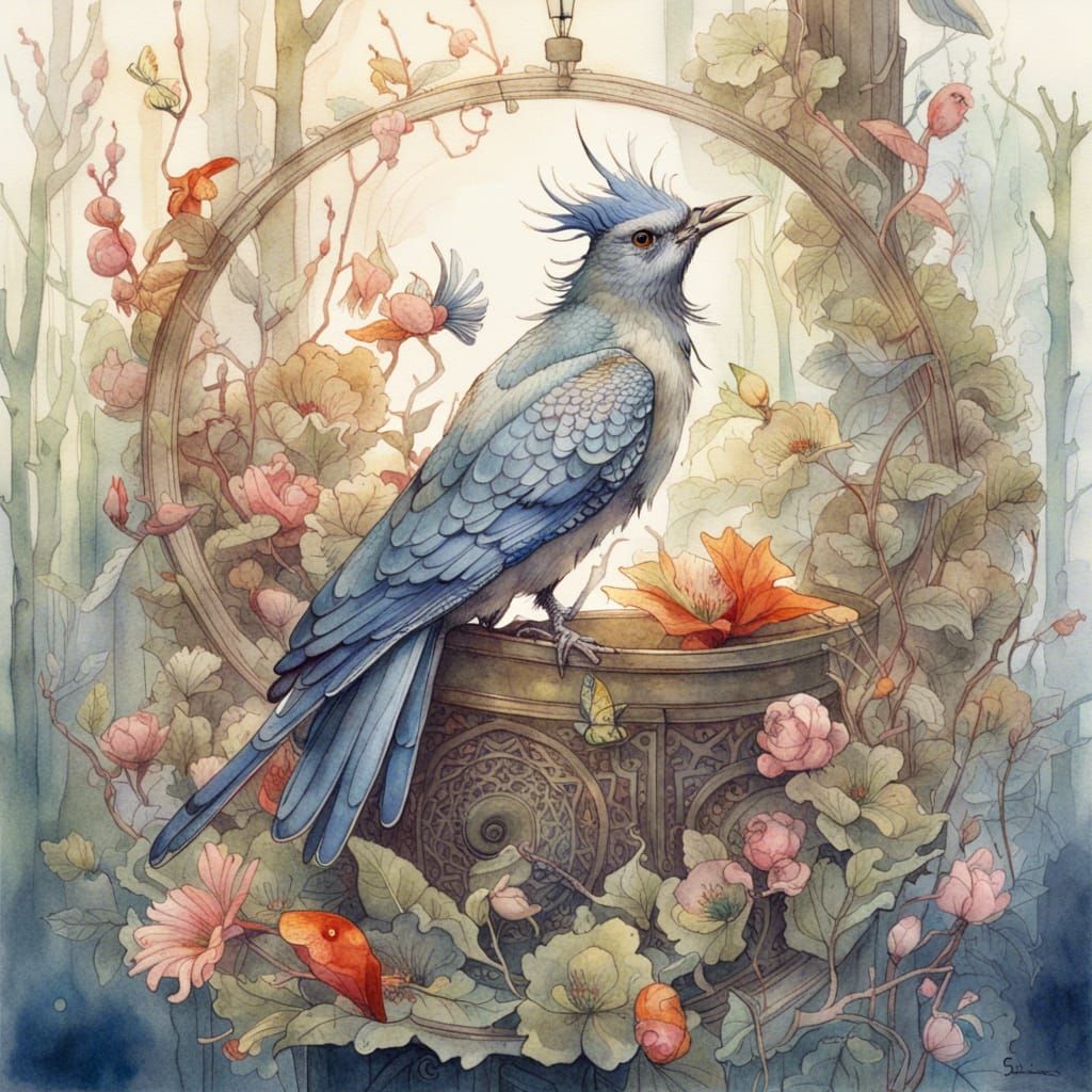 Cuckoo in Woods: Surreal Watercolor Fantasy