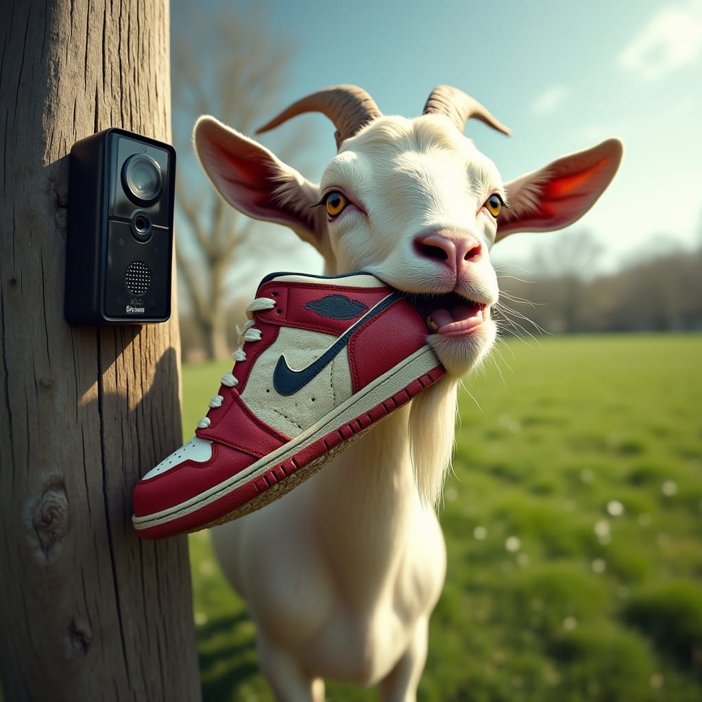 Hyperrealistic Goat Devours Air Jordan Shoe in Springtime Sc...