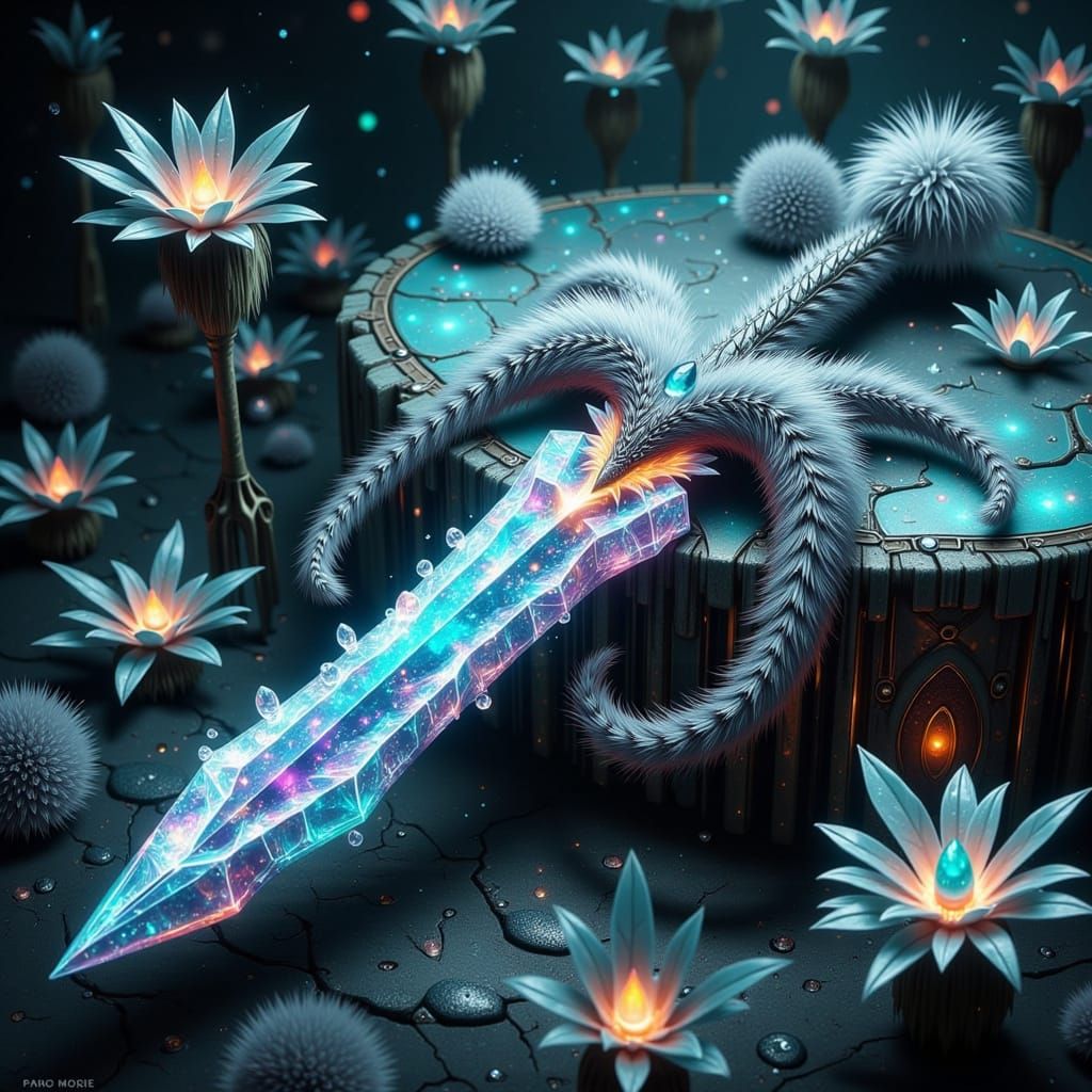 Ice Dragon Sword with Iridescent Scales and Bioluminescent A...