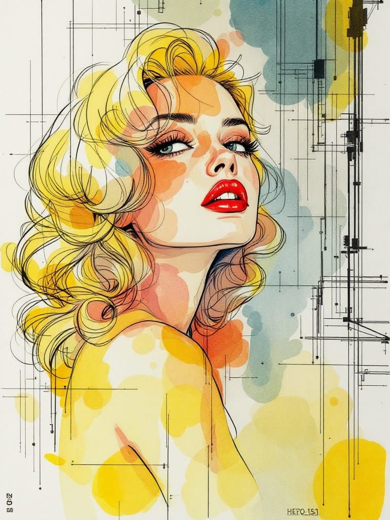 Blond Pin-Up in Architectural Blueprint Style