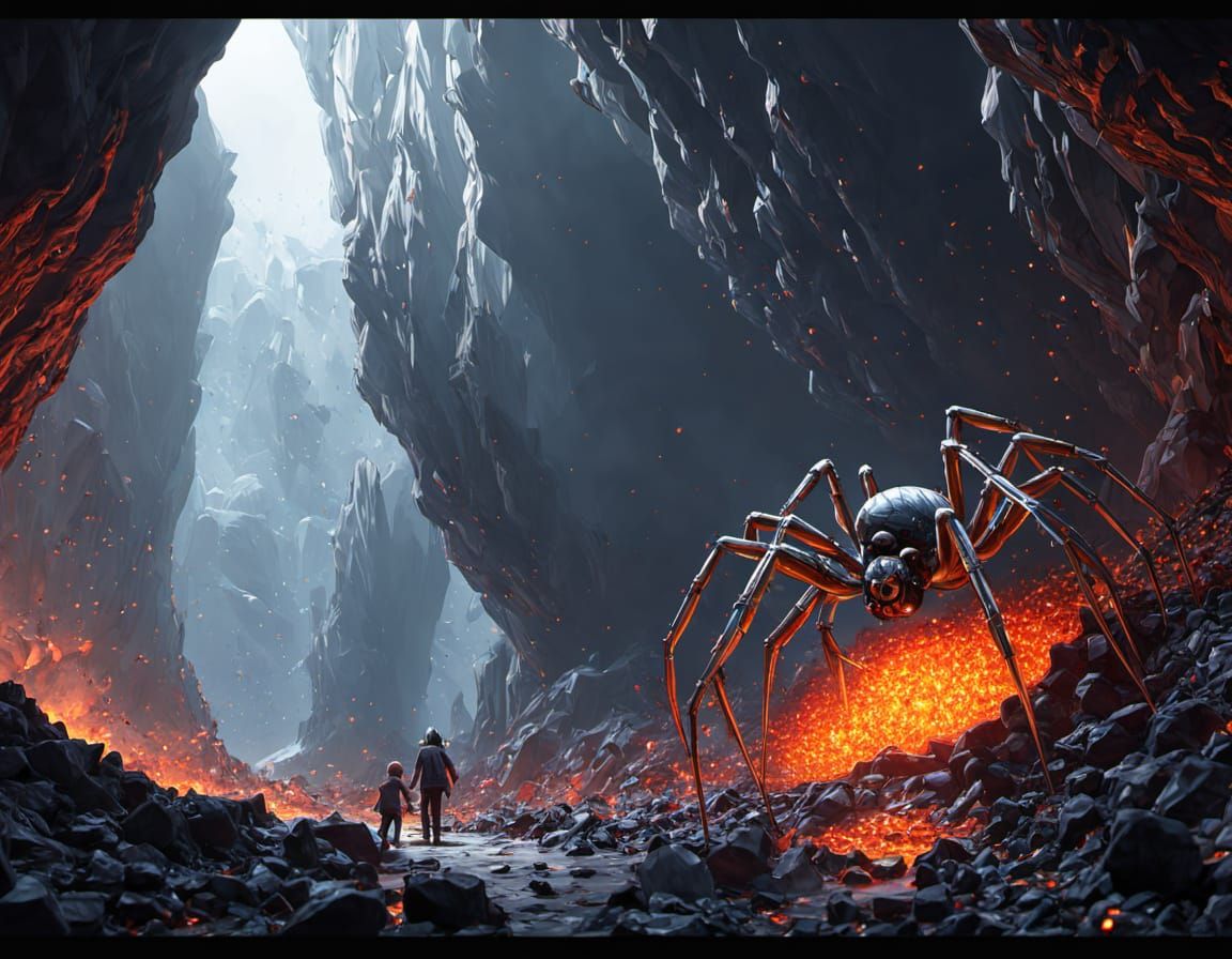 Surreal Spider Family Emerges from a Lava-Filled Cave in Hyp...