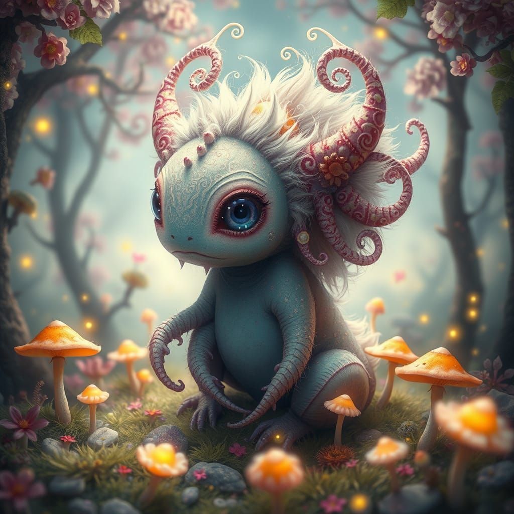 Whimsical Dreamlike Creature in Vibrant Ethereal Forest
