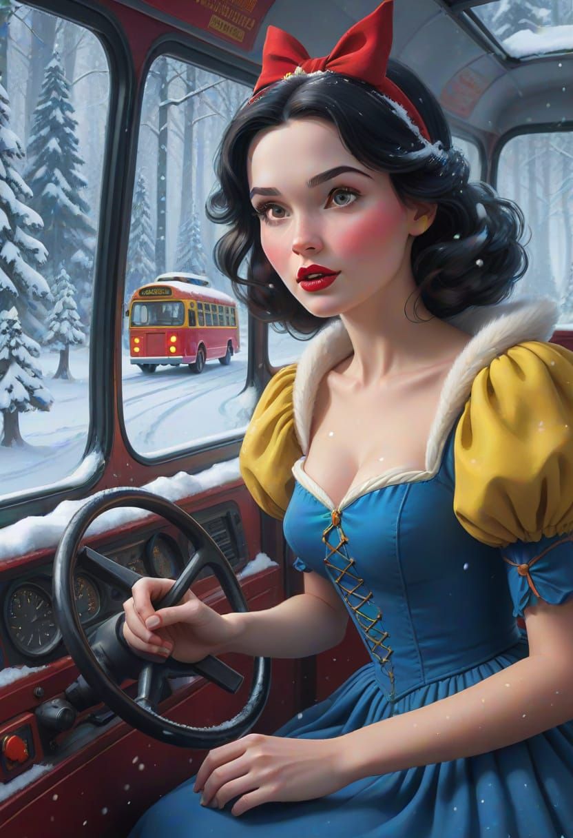 Snow White Drives a Bus Through a Snowy Forest in Disney Sty...