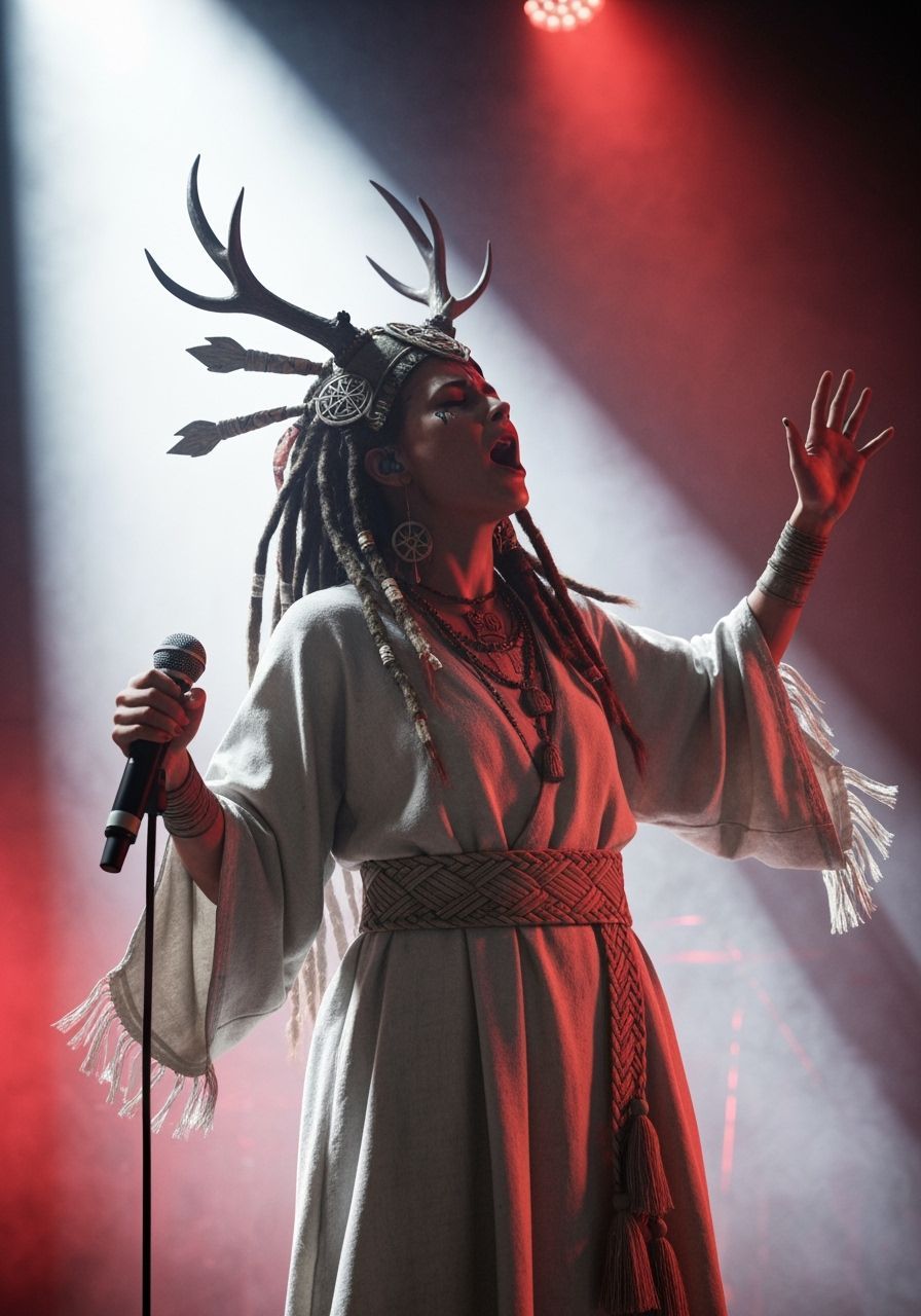 Heilung Singer in Antler Headdress, Unreal Engine Style