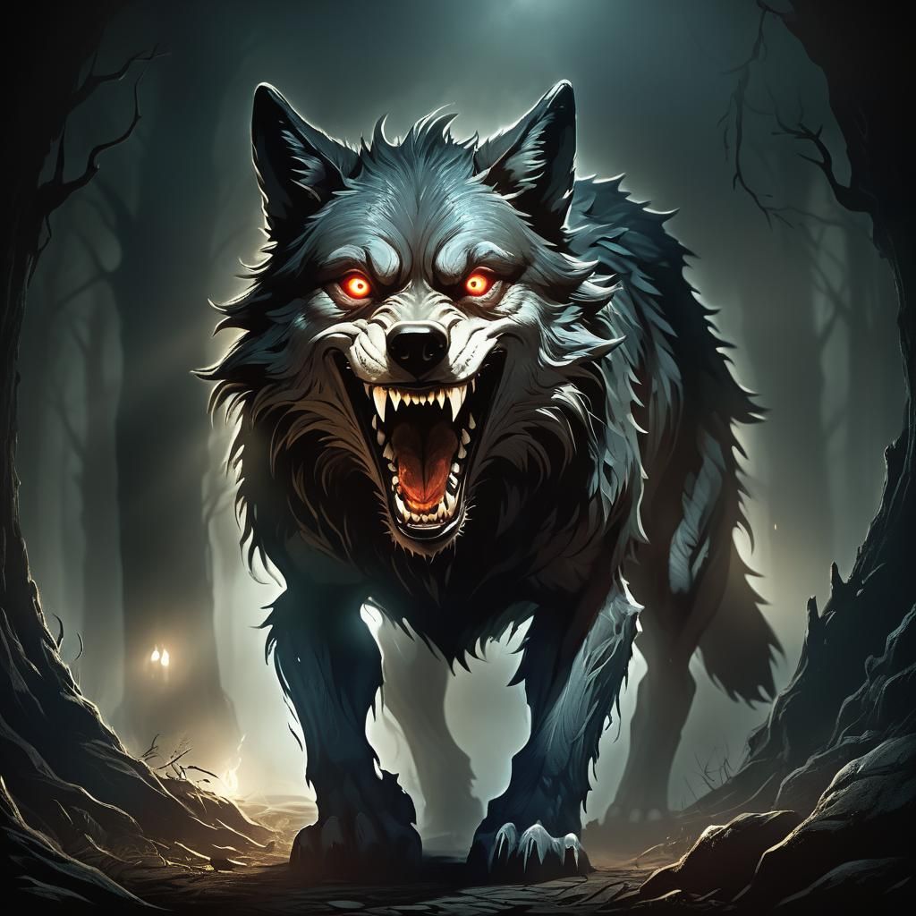 Eerie Wolf Creature Emerges in Dark Fantasy Illustration