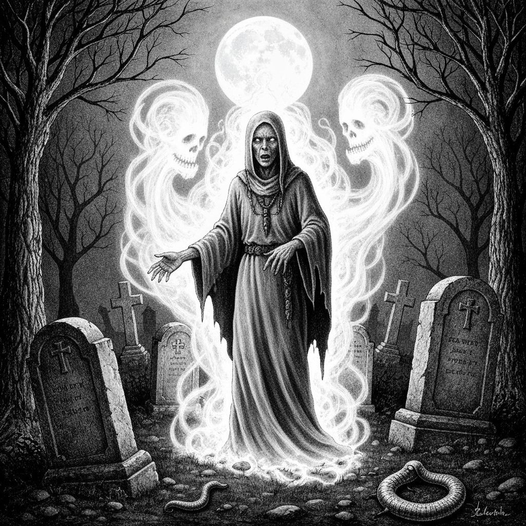 Ghostly Shaman in Moonlight Horror Scene