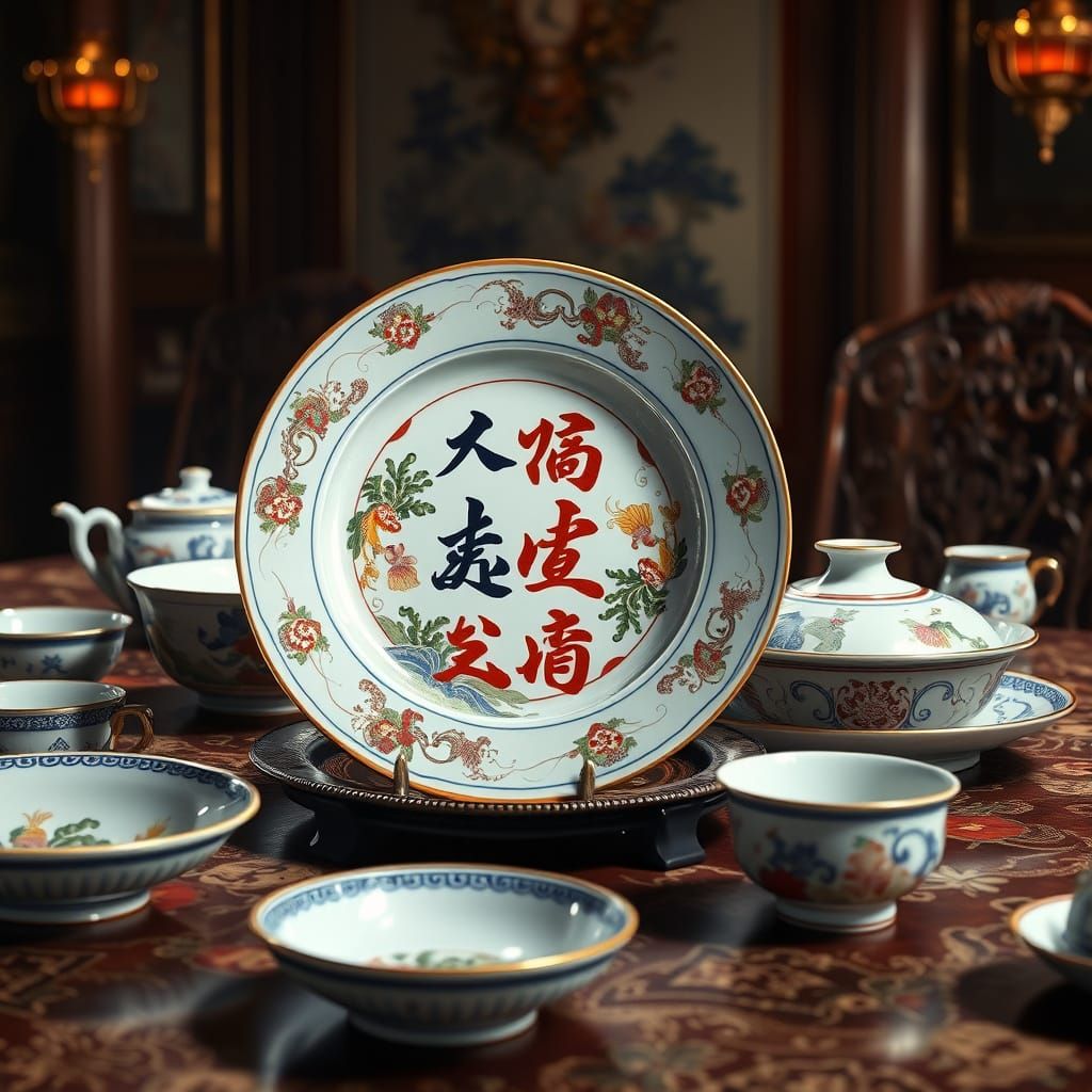 Antique Japanese Dinnerware on Royal Table, Hyperrealistic D...