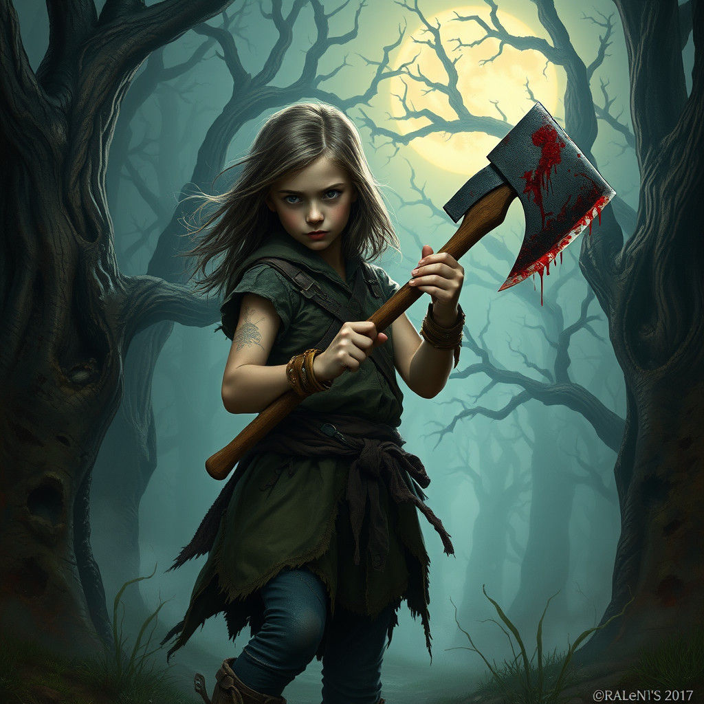 Girl with Axe in Dark Surrealist Forest