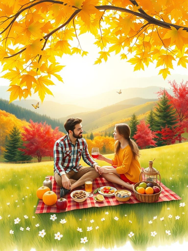 Blissful Autumn Picnic in Watercolor Style