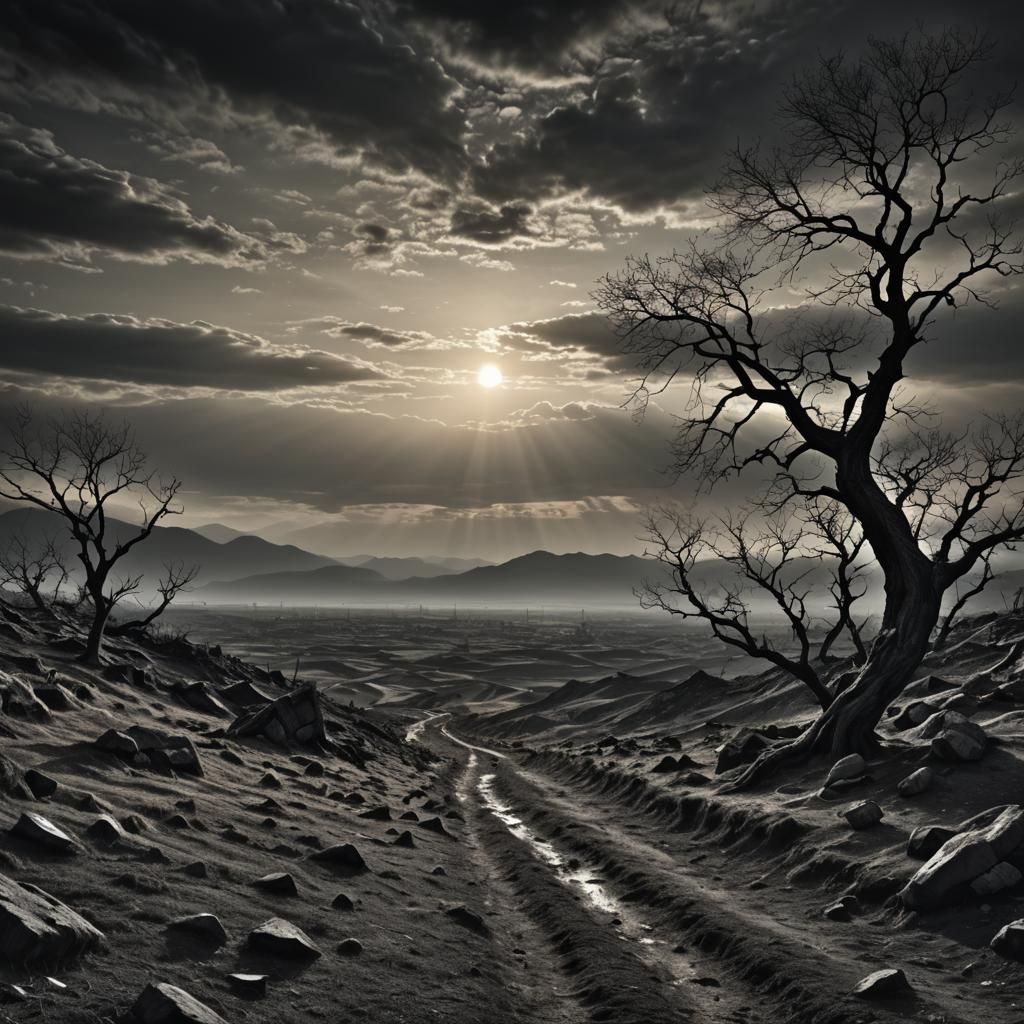 Hyperrealistic Figures Wander a Desolate Landscape